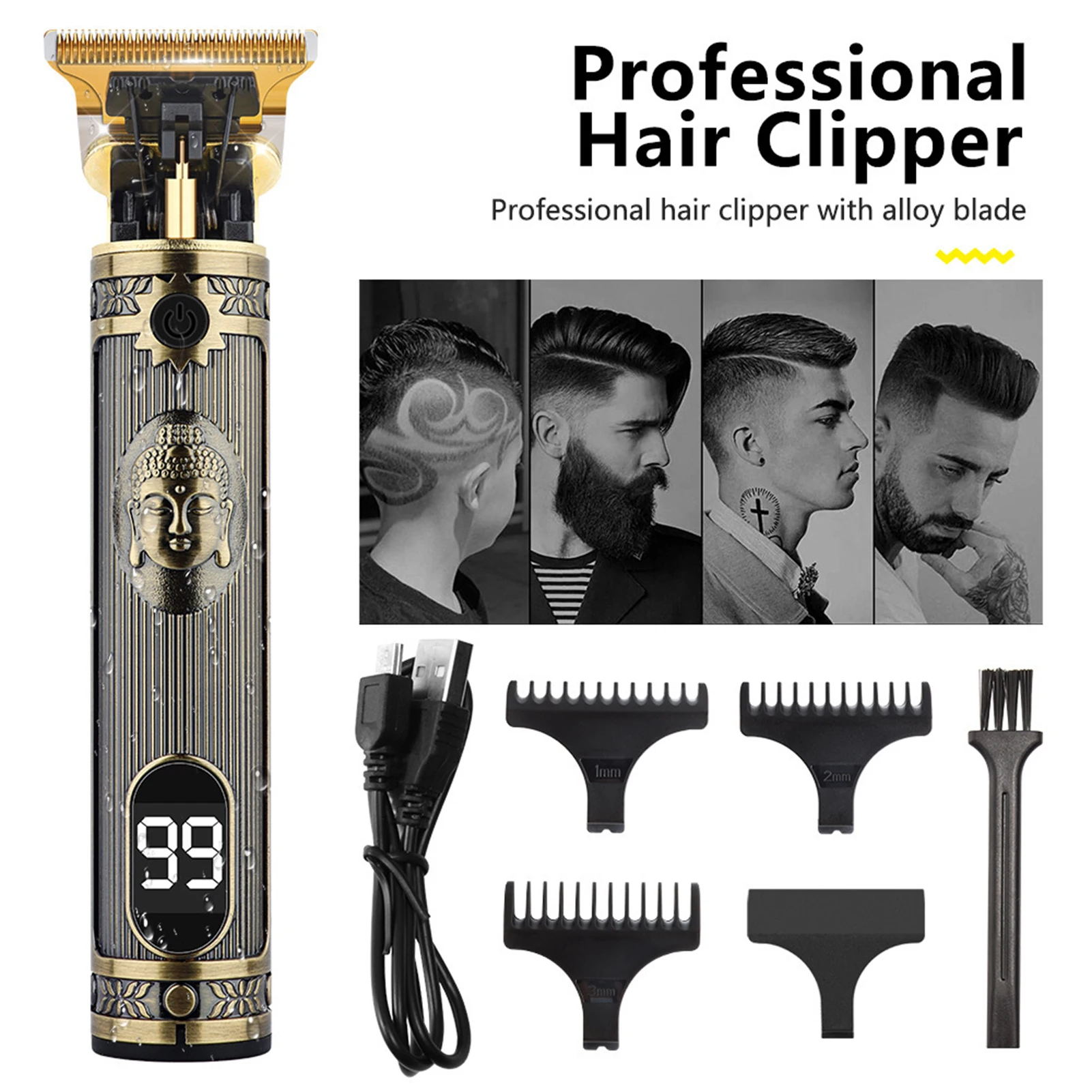 HIENA Set tagliacapelli vintage Design a rilievo retrò Intaglio Tagliacapelli per uomo Tagliacapelli elettrico cordless professionale T9