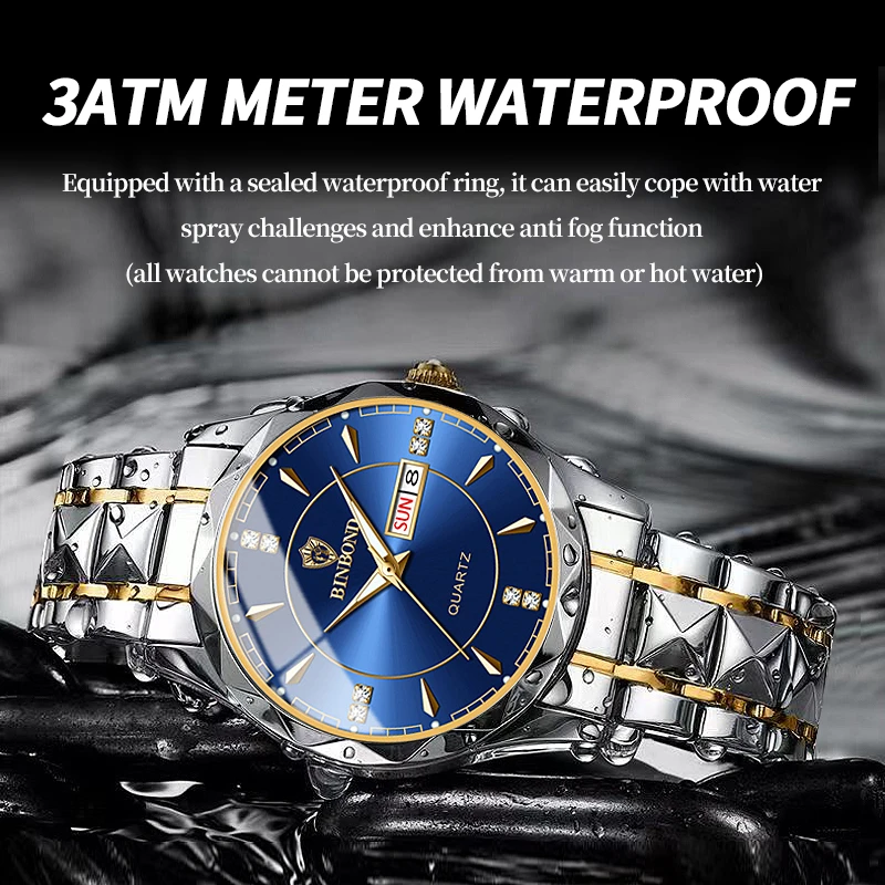 2026 Men Watch Diamond Luxury Night Glow Double Calendar Quartz Movement 41mm Gold Blue Stainless Steel Fashion Business Watch