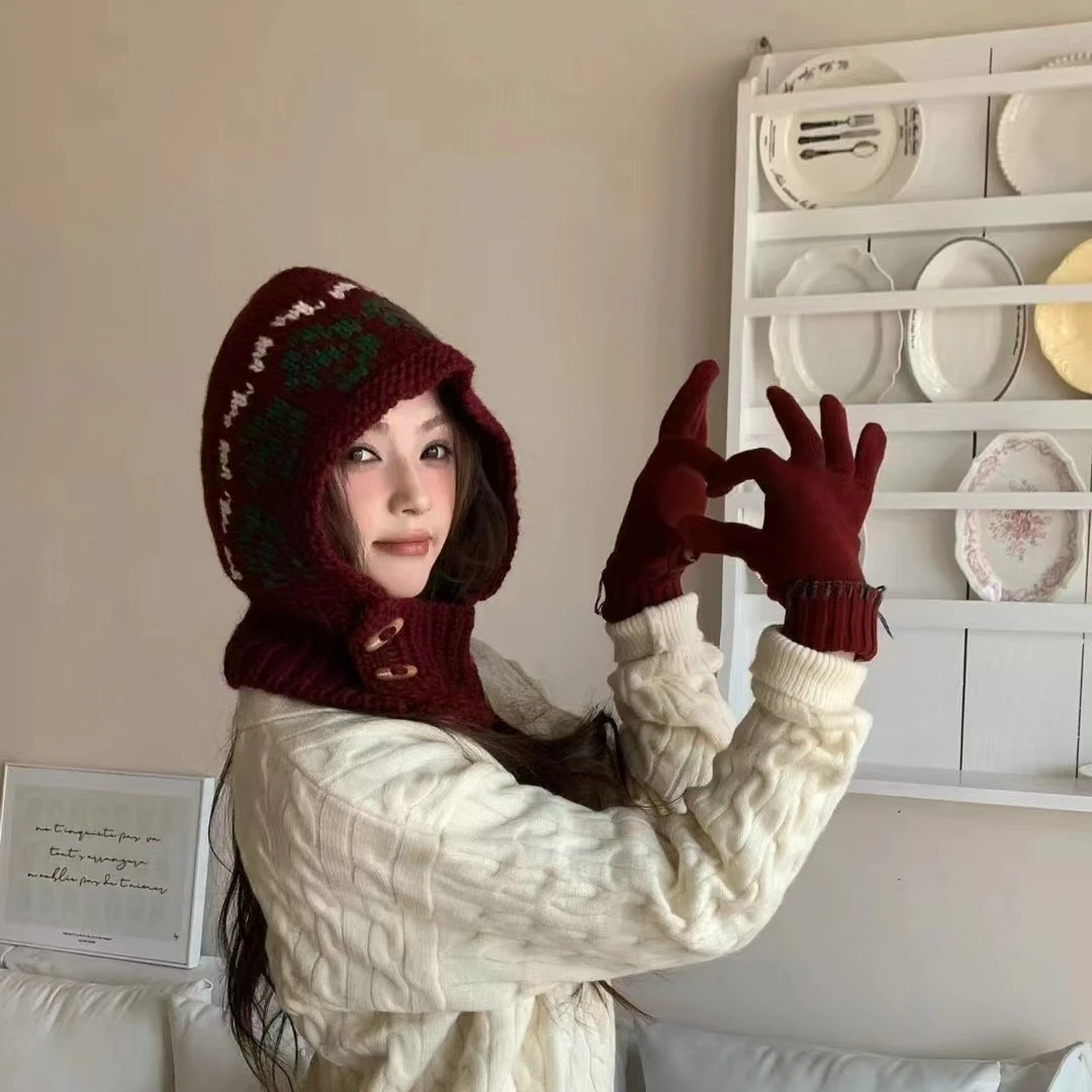 كوريا الجنوبية Dongdaemun شراء Ins Style Retro Balaclava محبوك قبعة الصوف قبعة عصرية ومتعددة الاستخدامات