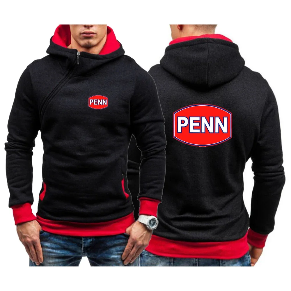 

New Autumn Penn Fishing Reel Print Men Hoodie Diagonal Zip Hoodie Sweatshirts Popular Sportswear Streetwear Man Pullovers Tops