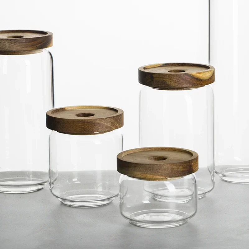 

Wood Glass Storage Tanks Sealed Cans Kitchen Food Grains Coffee Beans Tea Transparent Storage Storage Tanks Spice Seasoning Jar