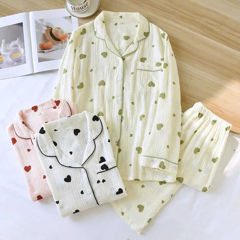 

2024 New Spring and Autumn Women's Pajama Set 100% Cotton Crepe Long Sleeve Long Pants Two Piece Set Love Sweet Home Clothes