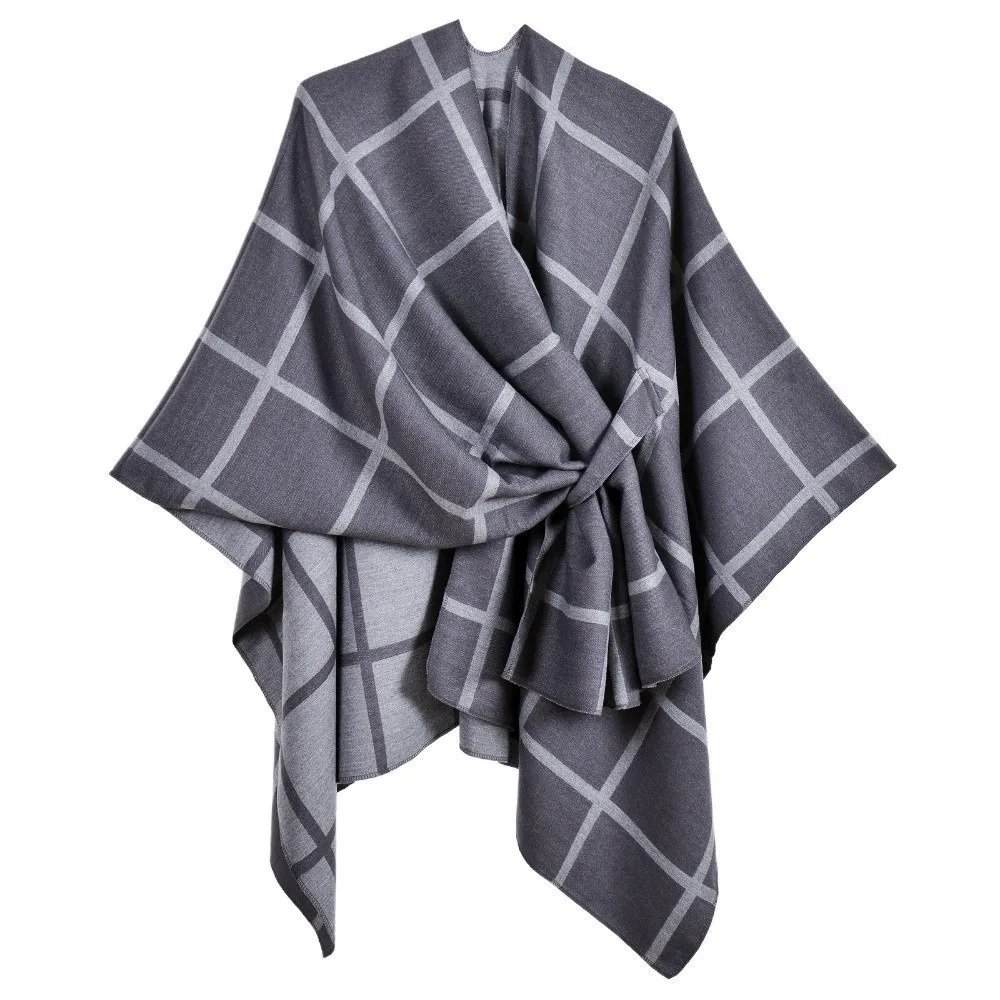 Warm Coat Plaid Design Travel Shawl Open Front Solid Color Poncho Wrap Vintage Style Thick Blanket Cardigan Shawl Fall Winter view 2