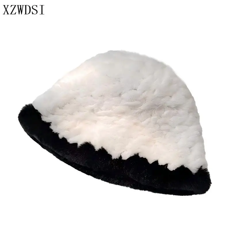 

Новая натуральная шапка из натурального меха кролика рекс, роскошная женская вязаная шапка ручной работы, модные зимние головные уборы, теплые ведра, шапки