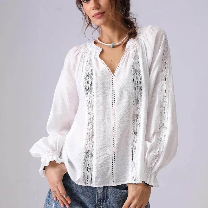 

French Style Lace Chic Blouse Shirt Pollver Women Spring Summer White Long Sleeve Hollow Out Vocation Casual Ladies Tops New