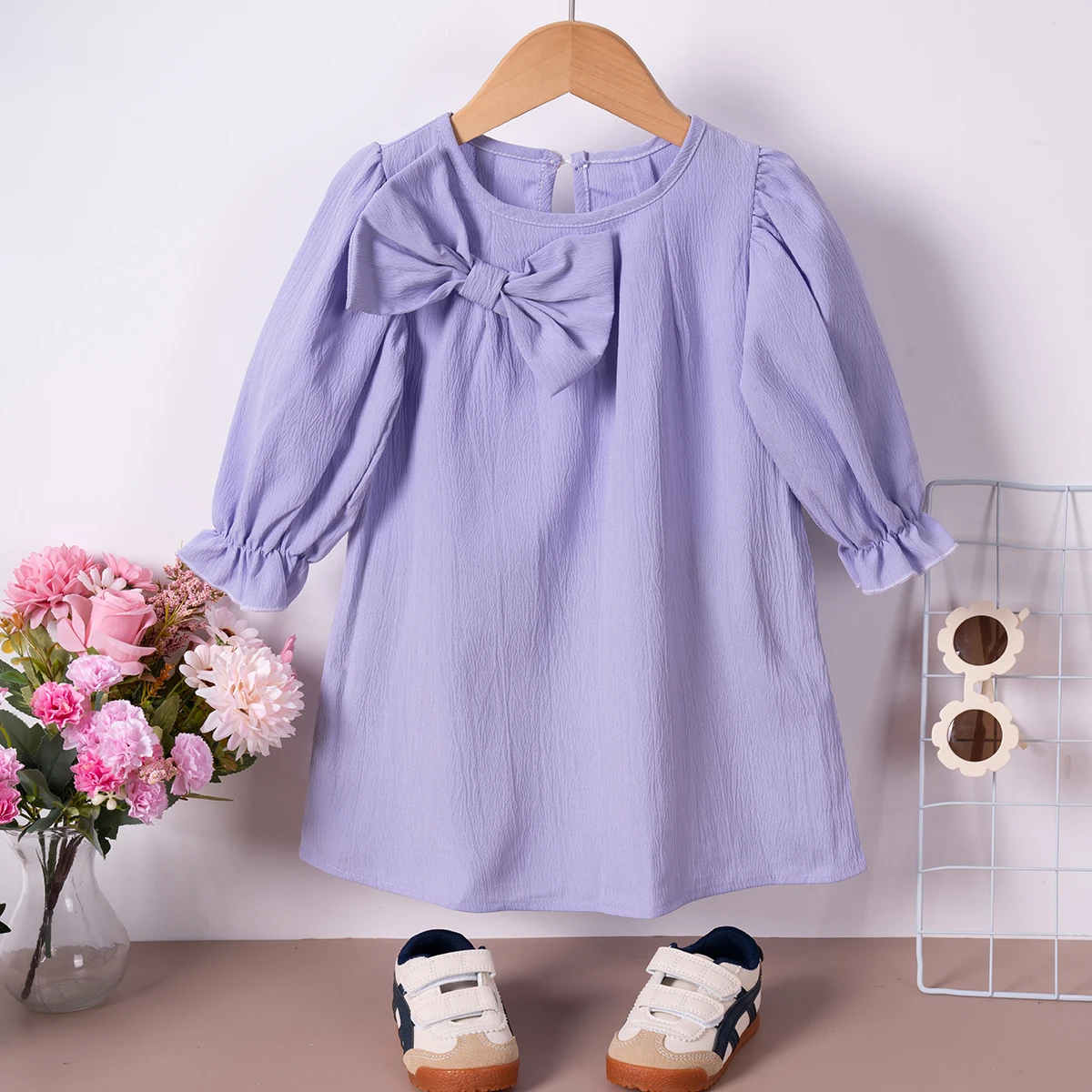 Girls' Long-Sleeve Casual Dress,Flare Sleeve Crew Neck Knee-Length Skirt, Bow Fashion Versatile Style, Suitable for 3-8 Year Old