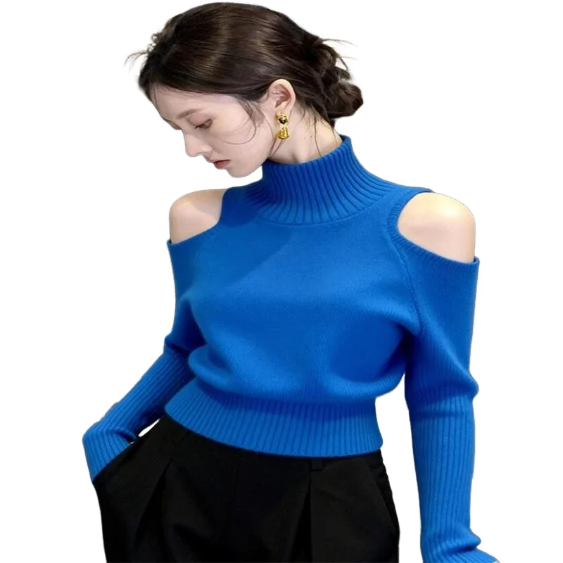 

Kawaii модные топы для девочек, студенческая повседневная женская одежда с героями мультфильмов, синий свитер с длинными рукавами и открытыми плечами, зимний высокий уникальный свитер