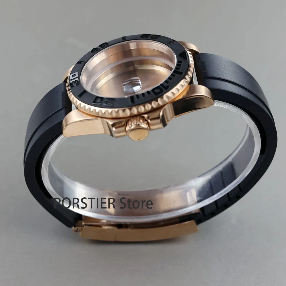 High quality 40mm Rose Gold Men Watch Cases Rubber Strap For Seiko nh34 nh35 nh36 100m waterproof 28.5mm Dial YACHT-MASTER case