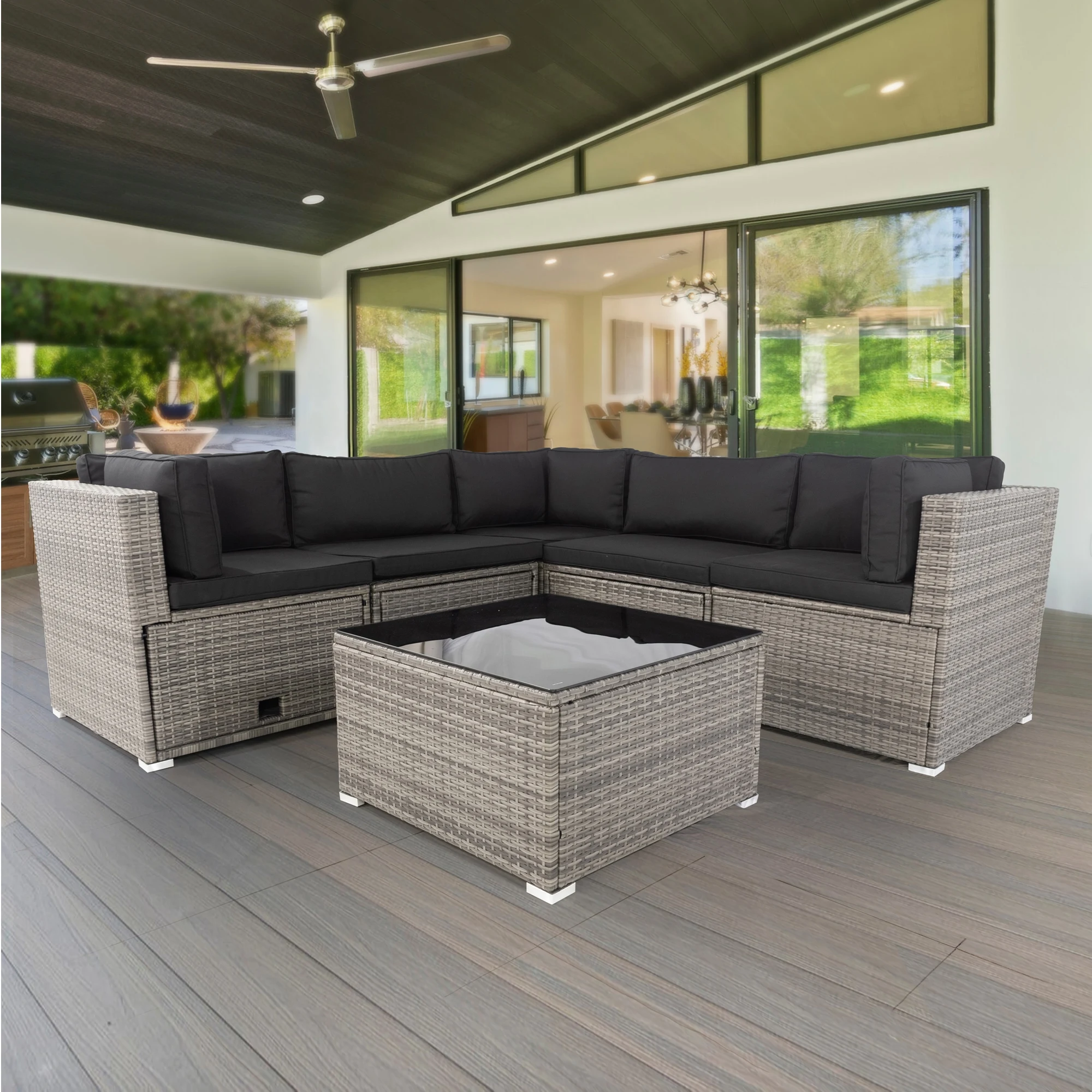 

6 Pieces PE Rattan sectional Outdoor Furniture Cushioned Sofa Set with 3 Storage Under Seat Grey