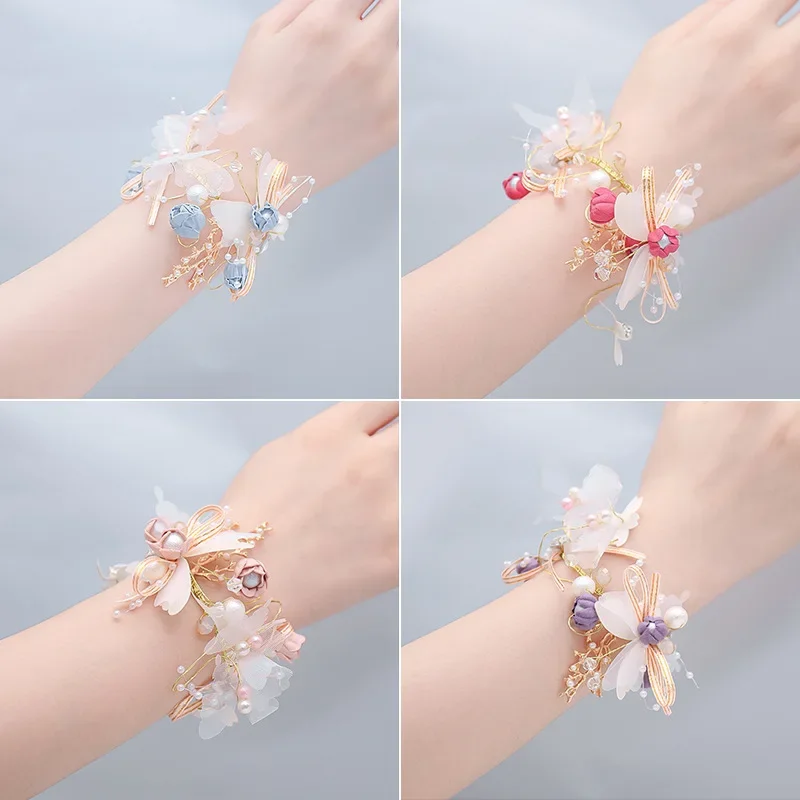 Handmade Beautiful Princess Bracelet Pearl Crystal Hand Flowers for Wedding Bridal Dancing Party Decor Bridal Prom Jewelry