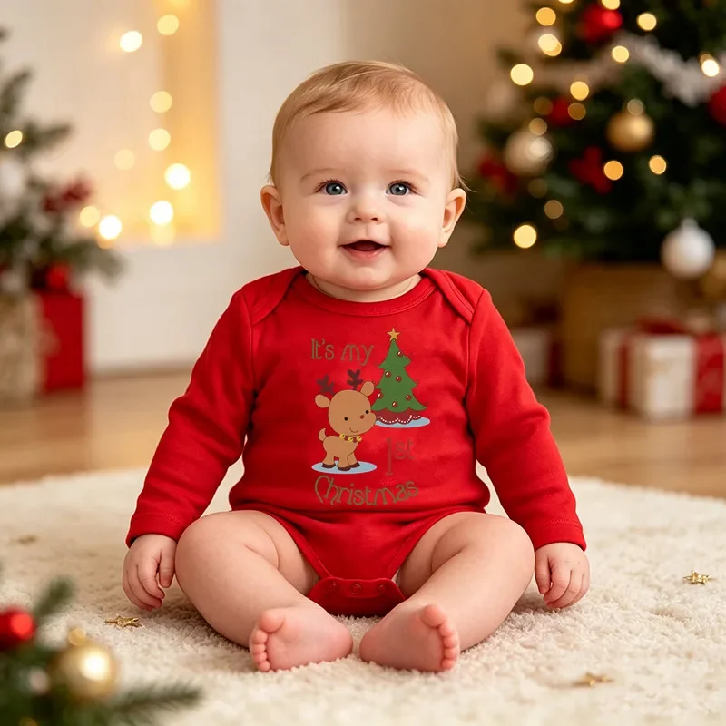 It's My 1st Christmas Baby Bodysuit Red Long Sleeve Cotton Romper Infant Reindeer Tree Print Newborn Xmas Onesie Holiday Romper