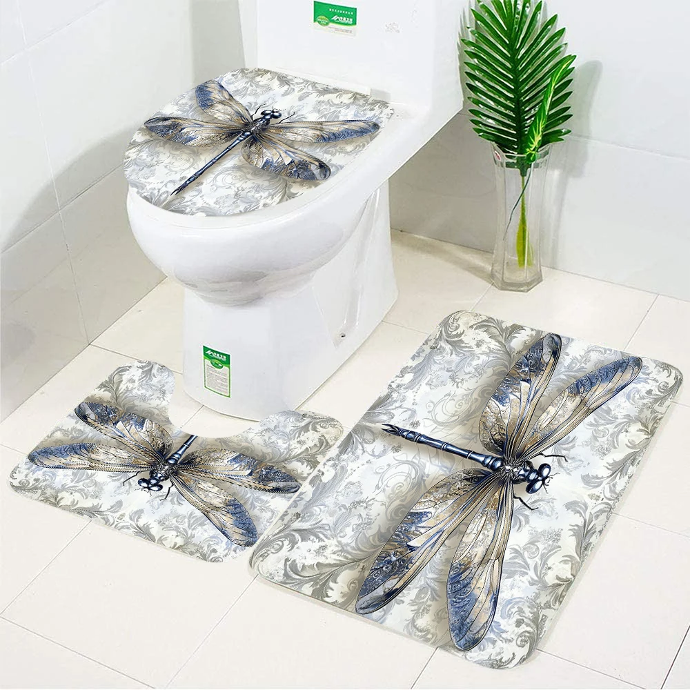 dragonfly floral pattern bathroom anti slip mat, entrance door mat, shower room small carpet, toilet water absorbing foot mat