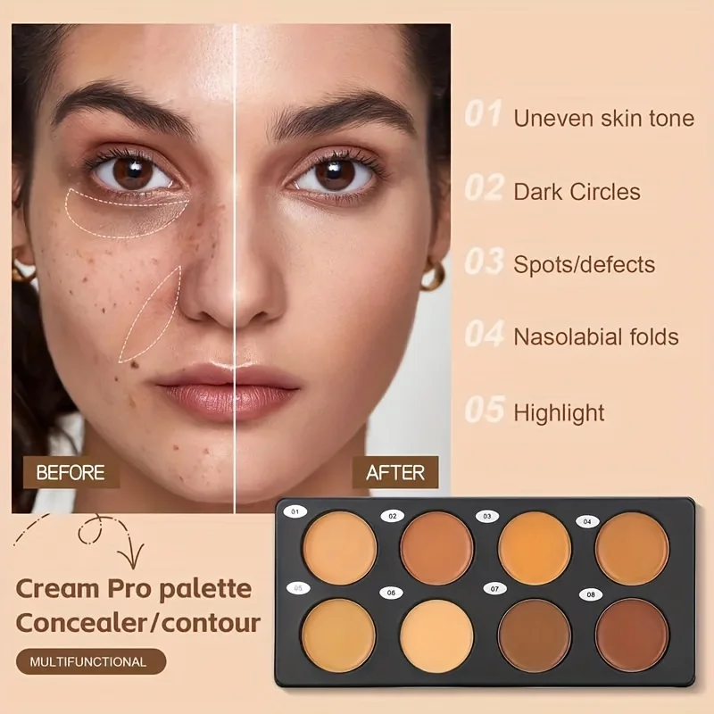 Crema de Maquillaje facial de 8 colores, paleta correctora de contorno, barra de sombra de ojos profesional para cobertura completa, base de larga duración