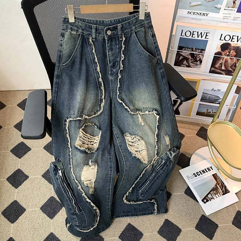 

Летние рваные лоскутные джинсы для мужчин с карманами, свободные прямые брюки, американская мода, синие джинсовые брюки High Street