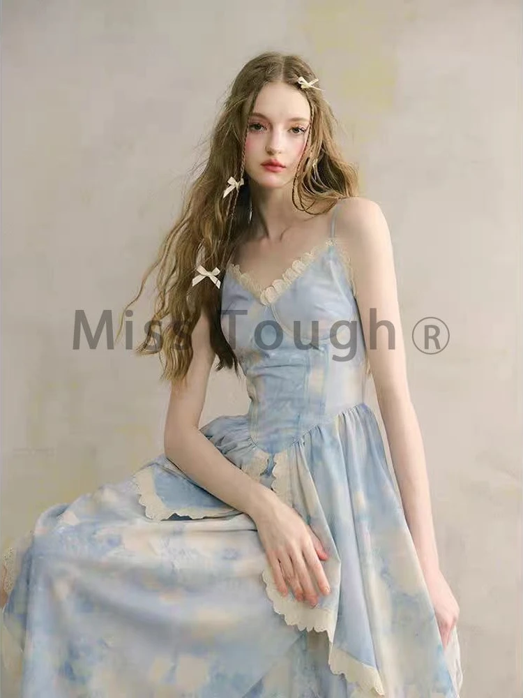 Francja seksowny nadruk ramiączkach Midi damska elegancka patchworkowe sukienki na imprezę kobieca koreańska moda elegancka, w stylu Streetwear