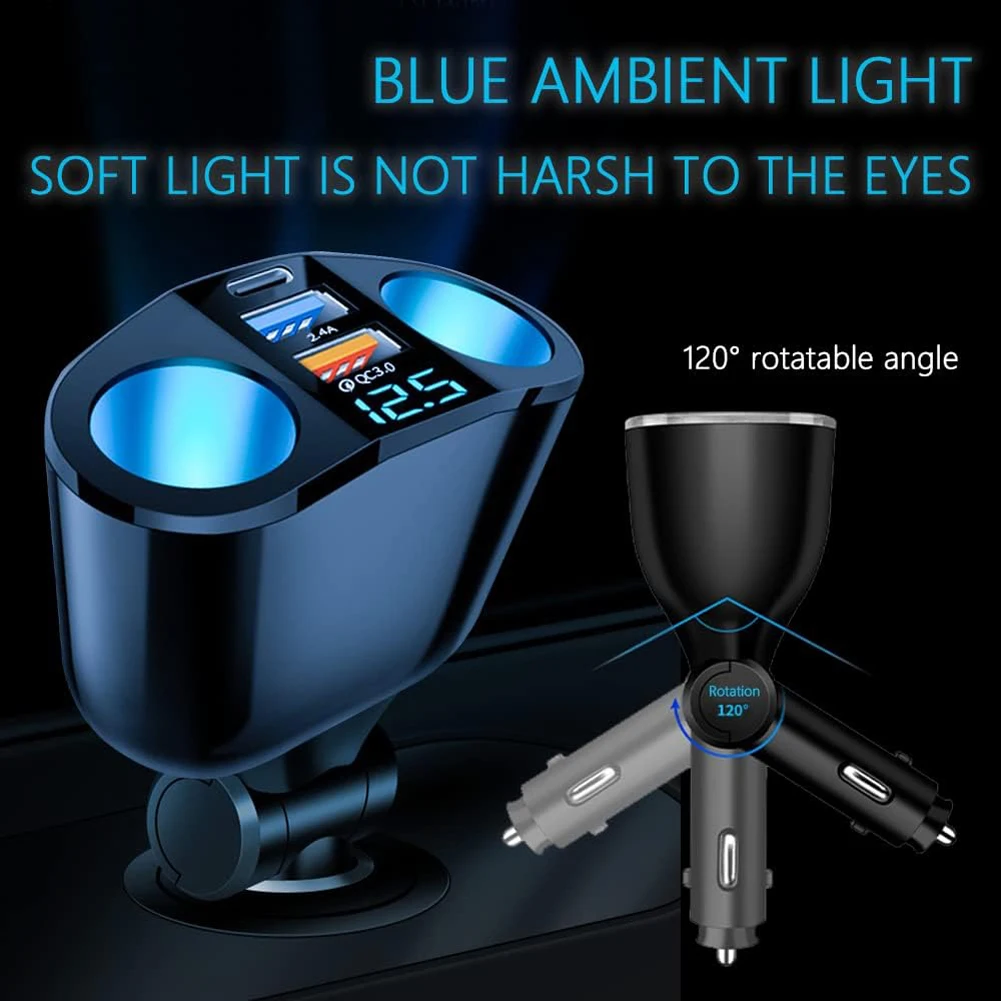 Car Cigarette Lighter Socket Splitter PD QC3.0 12V-24V Auto Cigarette Lighter Adapter Blue Atmosphere Light Phone Charger Socket