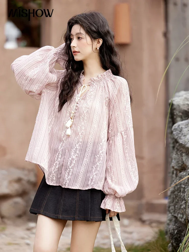 MISHOW Fashion Tassel Strap Embroidered Blouse Women's Spring Summer New Sweet Lace Puff Sleeve Long Sleeved Shirt MXE11X1704