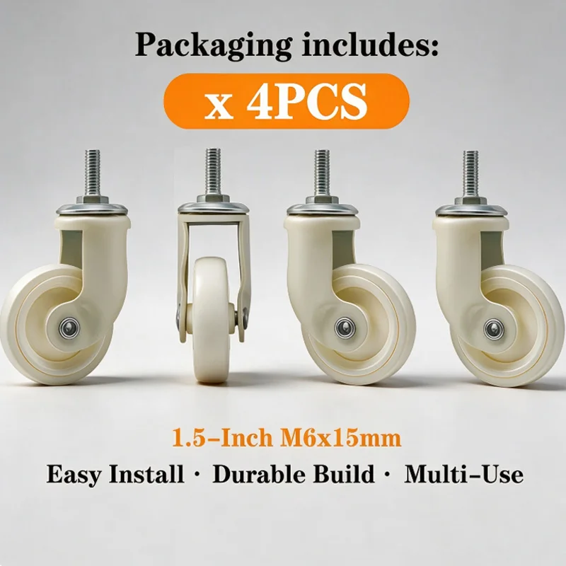4 packs de roulettes universelles blanches M6 de 1,5 pouce à visser pour meubles, chariots et tables à manger