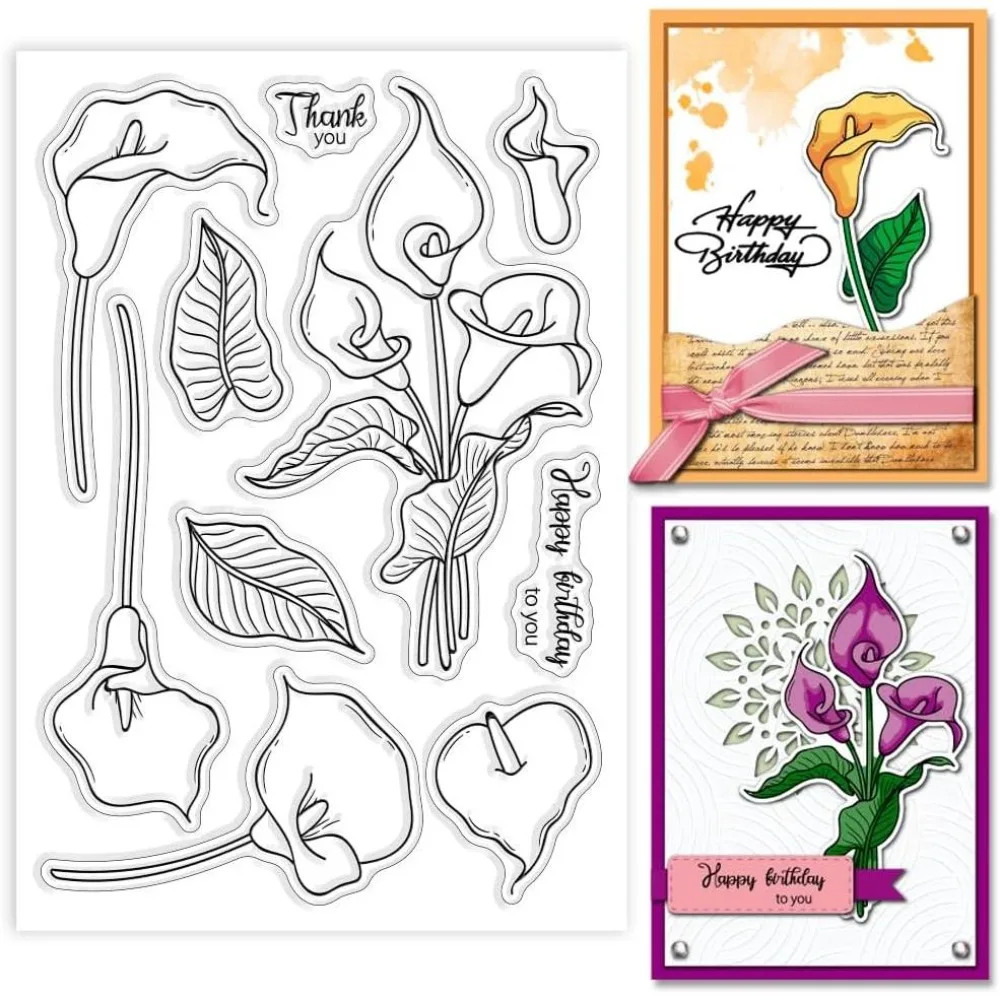 1Sheet Calla Lily Clear Stamps Flowers Leaves Clear Stamp Seals Blessing Words Transparent Stamps