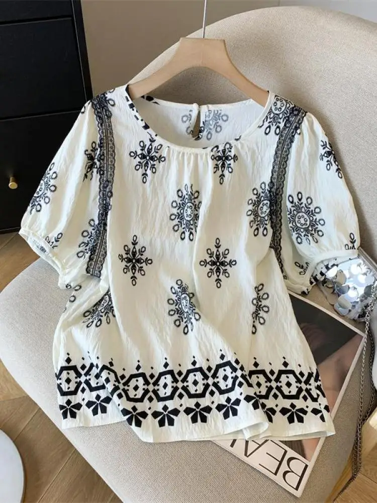 

Ретро французская мода черно-белый принт лоскутная свободная рубашка с круглым вырезом женская осенняя с коротким рукавом элегантные праздничные универсальные топы