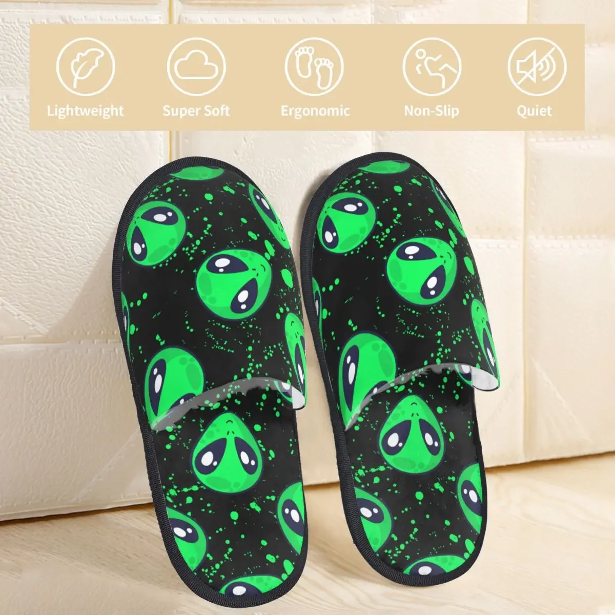 Winter Women Men Non-Slip Flat Slippers Alien Pattern Indoor Fur Soft Warm Shoes