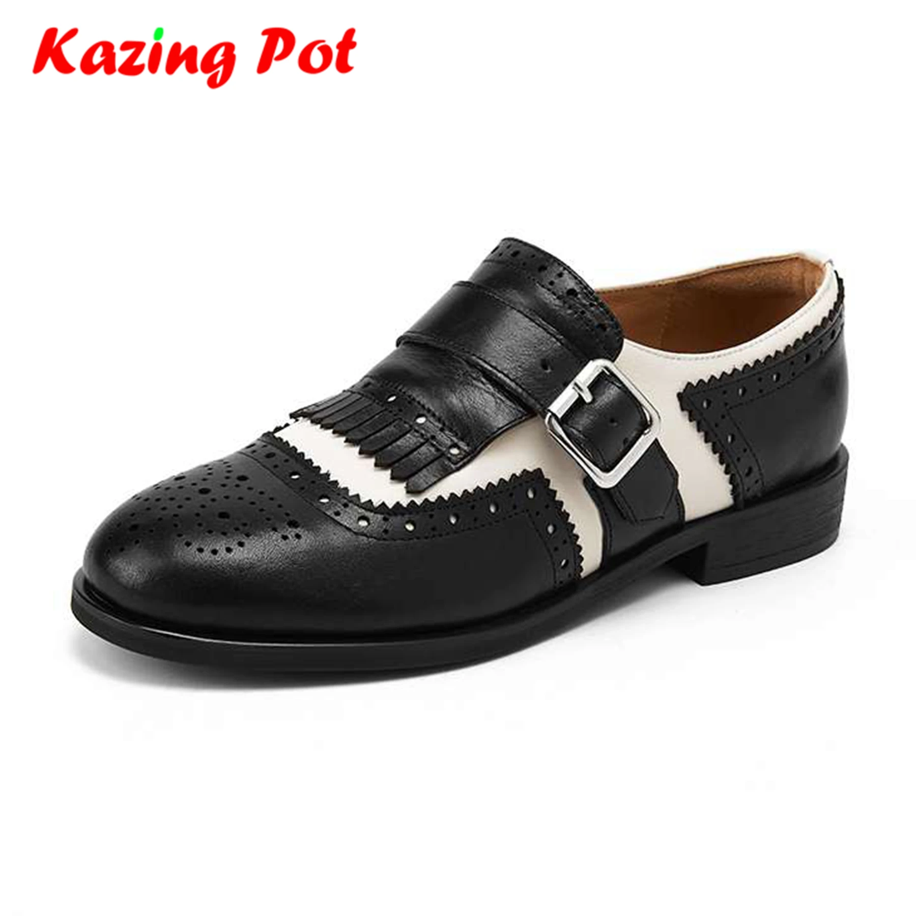 Krazing Pot Cow Skin Round Toe Women Tassel Fringe Spring Modern Street Wear Low Heels British School Carving Decoration Shoes