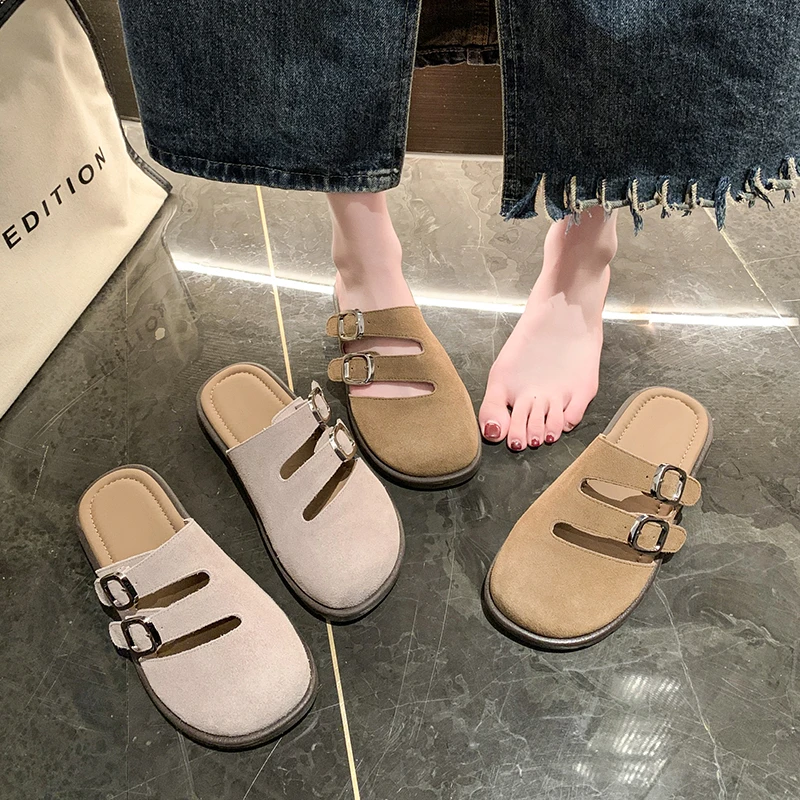 New Women's Shoes Slip on Female Flats Durable Belt Buckles Mules Fashion Wear Resistant Women Half Slippers Retro Zapatos Mujer