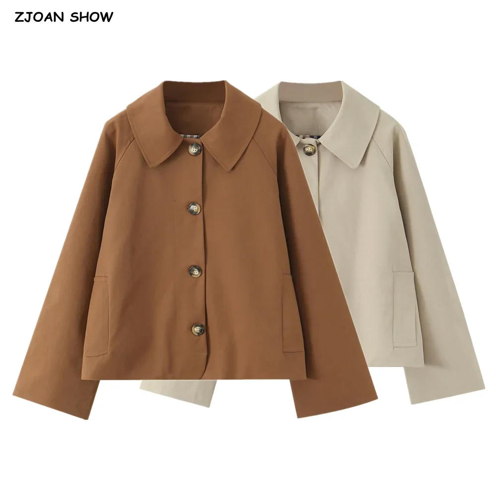 2025 Single-breasted Buttons Raglan Sleeve Jacket Loose Outerwear Khaki  Autumn Women Brown with Plaid Lining Lapel Safari Coat