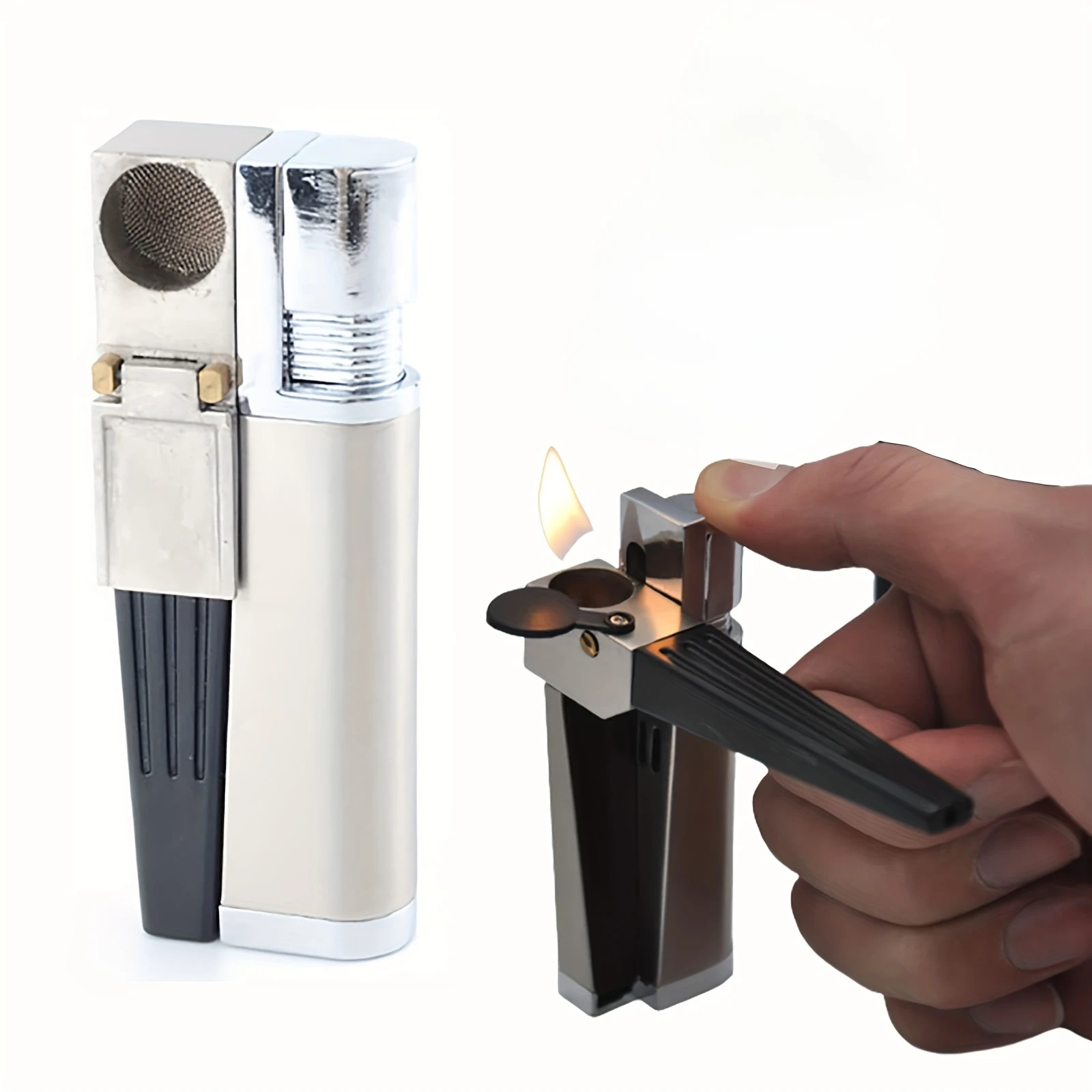 Portable 2 in 1 Metal Lighter Combo Set with Tube Foldable Lighter Open Soft Flame Multipurpose Men Smoking Gadget (Fuel Free)