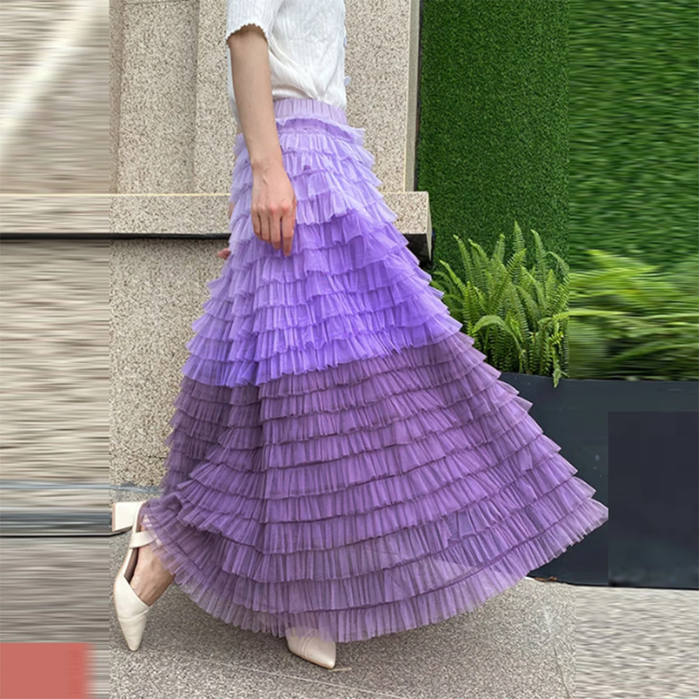 

Lavender Purple Tiered Tulle Skirt High Waist Puffy Ruffles Tutu Girls Birthday Party Formal Wear Lady Fashion Long Skirt