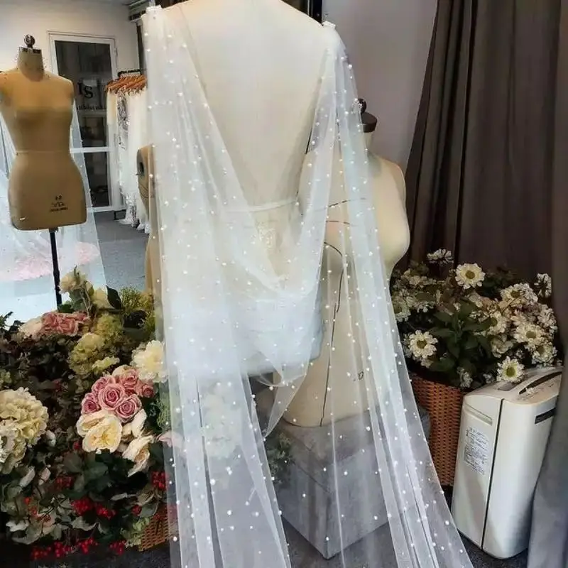 Wedding Veil With Pearls One Layer Long Wedding Cape Scattered Pearls Cathedral Shoulder Veil Beaded Bridal Veil With Comb