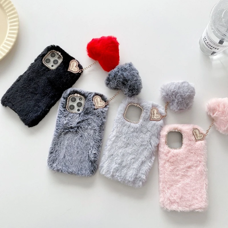 With Love Heart Pendant Plush Fur Phone Case For iPhone 13 12 11 Pro Max XR XS 8 7 Plus