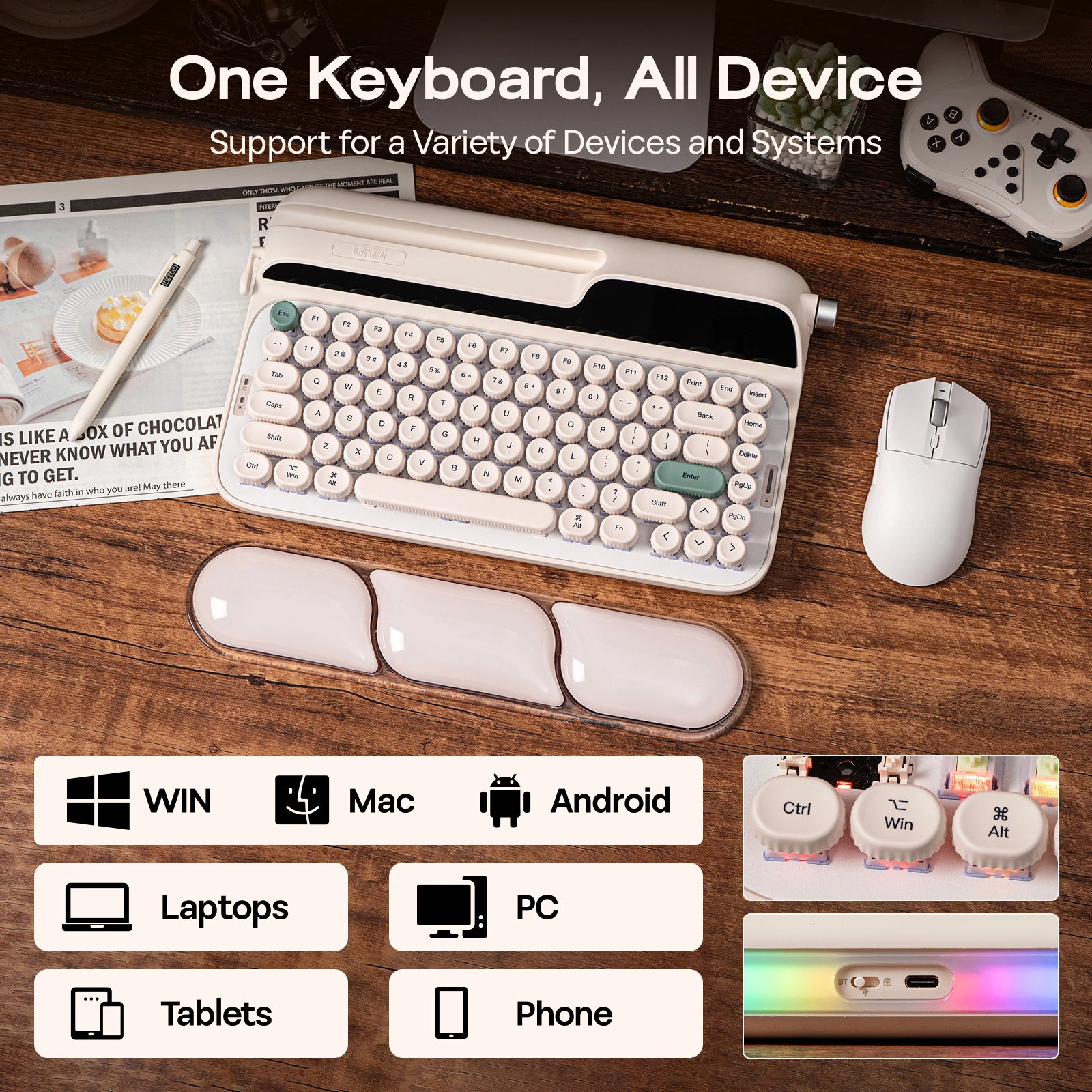 EPOMAKER Glyph 75% ANSI US Layout Wired/2.4Ghz/BT Wireless Typewriter Retro Mechanical Keyboard with TFT Screen & Rotary Knob