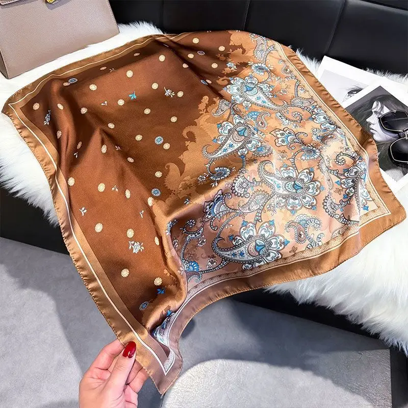 UXST Korean Version New 70cm Navy Blue Silk Scarf, Versatile Commuting Satin Multi-functional Small Square Scarf for Women