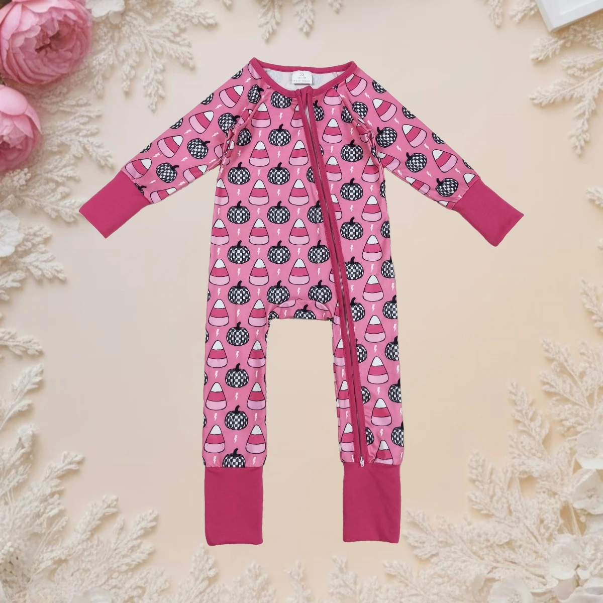 

Halloween Baby Romper Candy Pumpkin Print Zipper Pajamas Long Sleeve Footed Jumpsuit Soft Cotton Sleepwear for Infant Girls Boys
