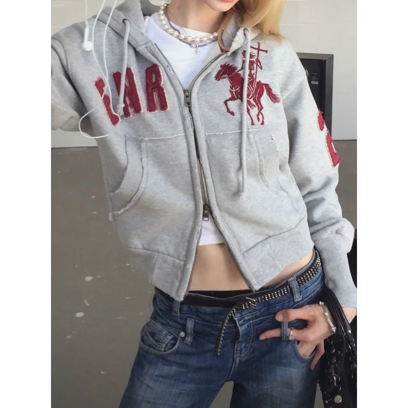 Harajuku design rétro, broderie patchwork, tendance personnalisée, sweat à capuche ample, veste unisexe