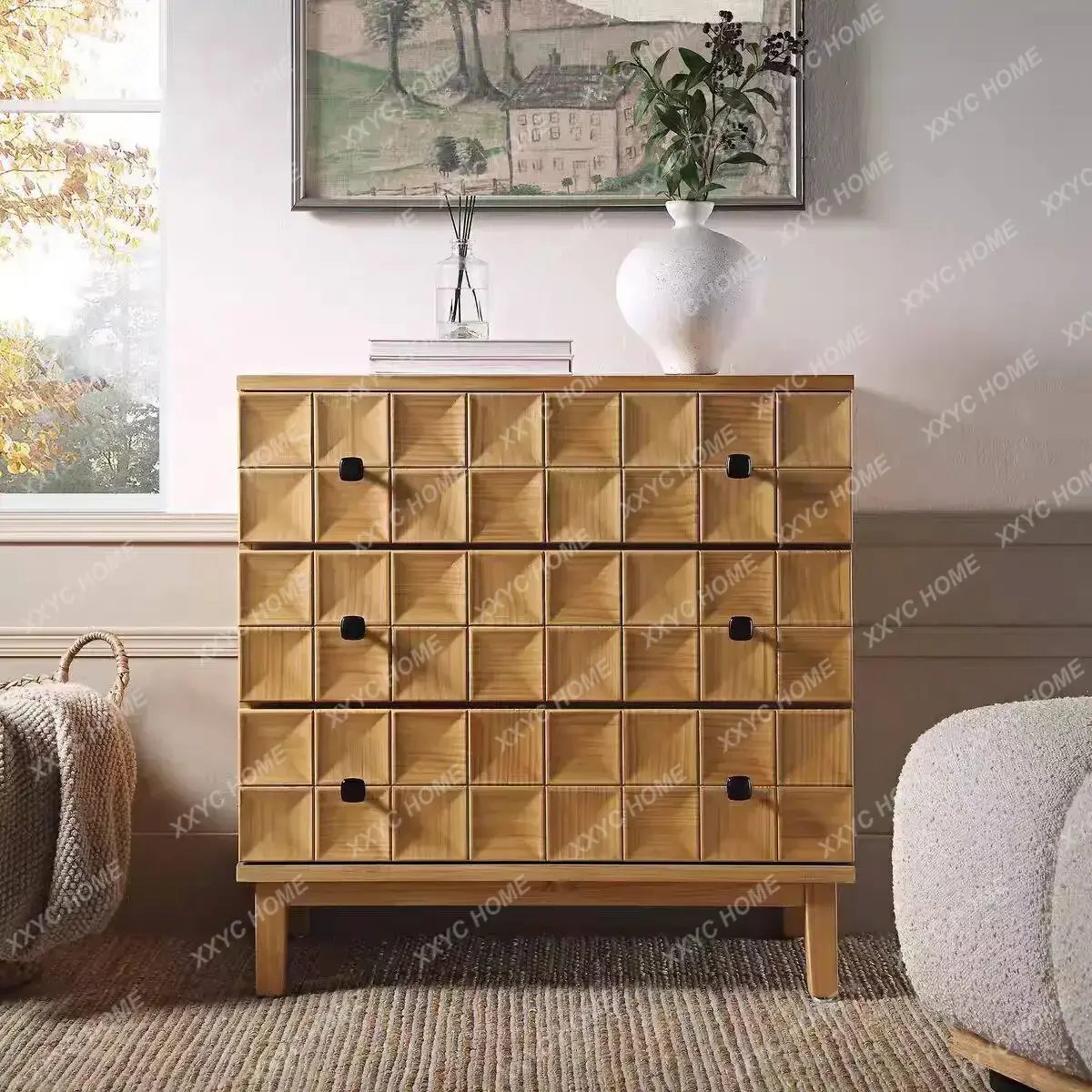 Retro solid wood dining side cabinet, living room storage cabinet, rhombus pattern multi-chest cabinetTJ