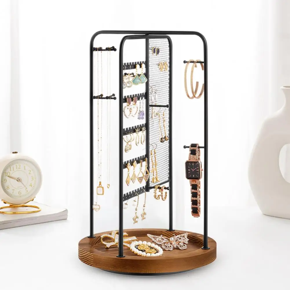 Wooden Base Jewelry Holder Multi-layered Metal Necklace Earring Holder Stable Rotating Jewelry Display Stand with Wooden Base