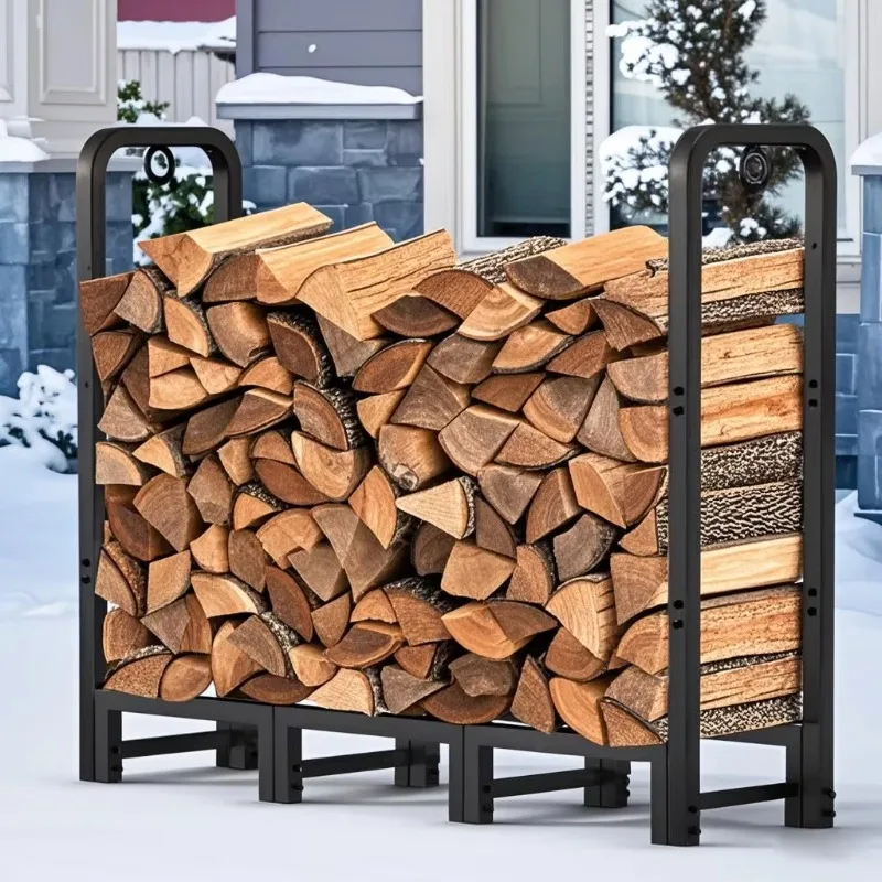 Support pour bois de chauffage robuste, support pour bûches, intérieur/extérieur, rangement en bois noir, accessoires pour outils de cheminée à domicile