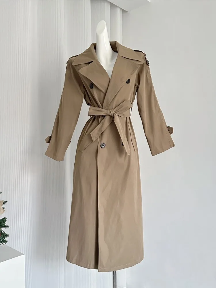 

Korea Solid Turn-Down Collar Long Trench With Belt Women Autumn Winter Elegant Double Breasted Casual Jacket Fashion Loose Coat