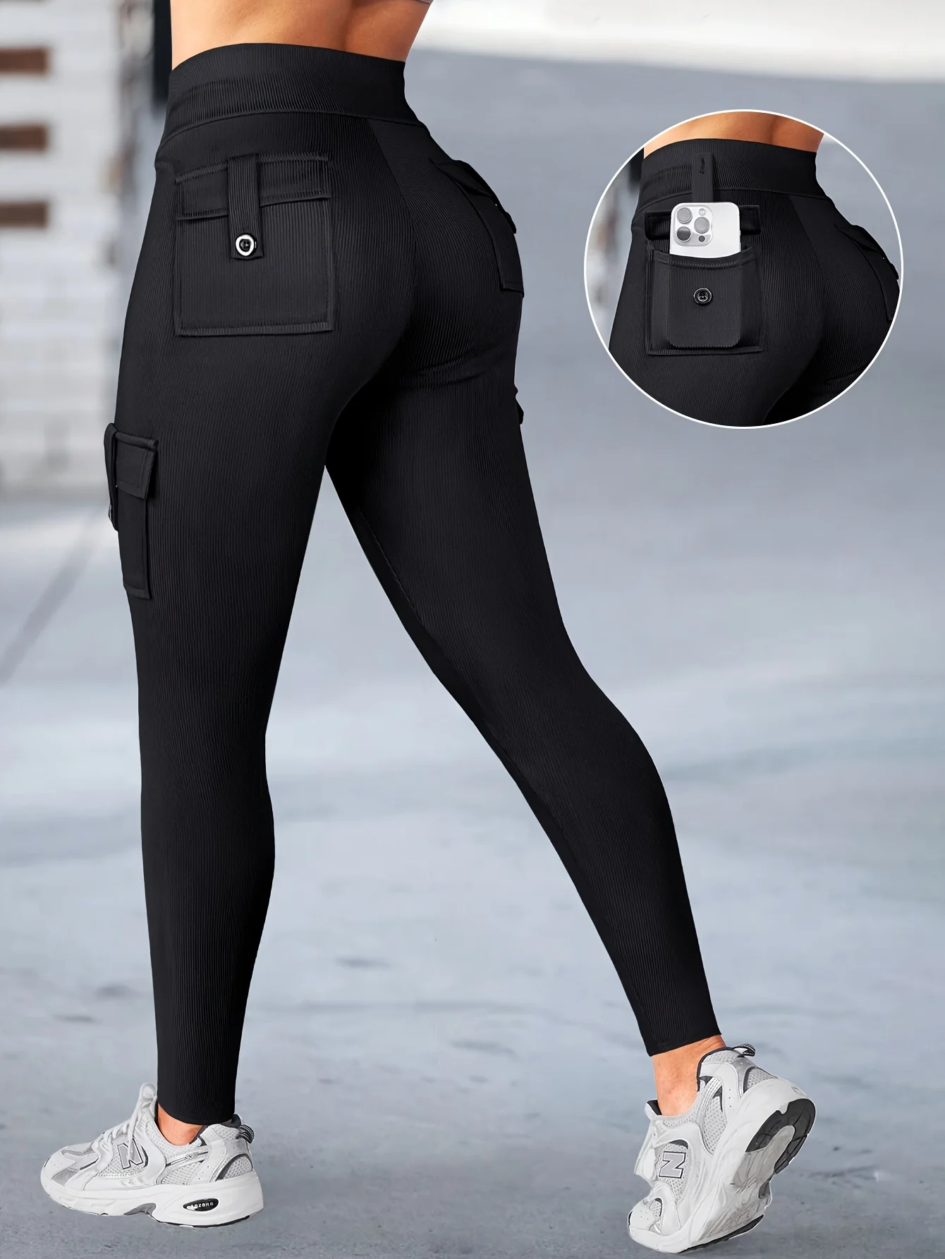 Casual Yoga High Elastic High Waisted Hip-Lifting Tight Fit Flap Pocket Ribbed Cargo Pants Leggings For Fitness, Running Sports
