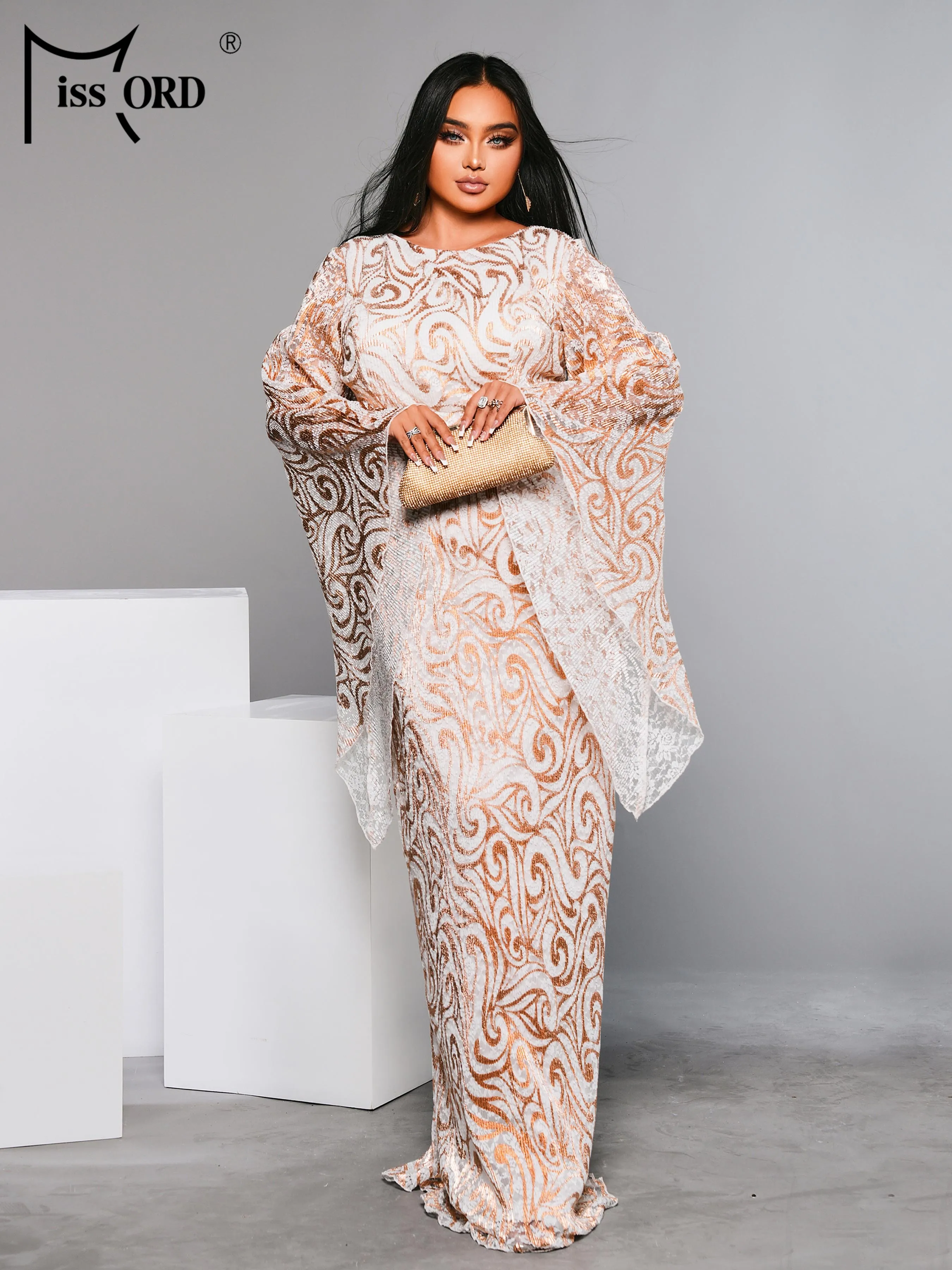 Missord 2024 Plus Size Rosegold Round Neck Flare Sleeve Geometric Sequin Evening Wedding Birthday Party Performance Prom Dress