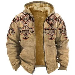 Men's Winter Jackets Vintage Fleece Male Coats Amazigh Print Warm Padding Hoodies Heavy Parkas Outerwear Chamarras Para Hombre