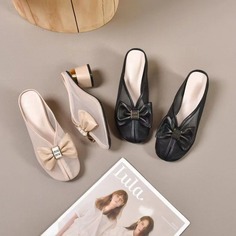 2024 Summer New Wear A Bow Net Gauze Lazy Hollow Breathable Slippers Fashion Elegant Bao Head High Heels Women's Mueller Shoes
