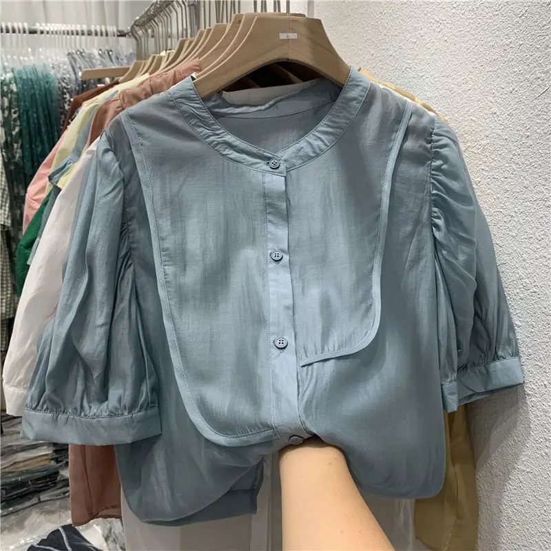 Blusa feminina de manga curta, tops de seda artificial, camisas de verão, roupas novas, 2023