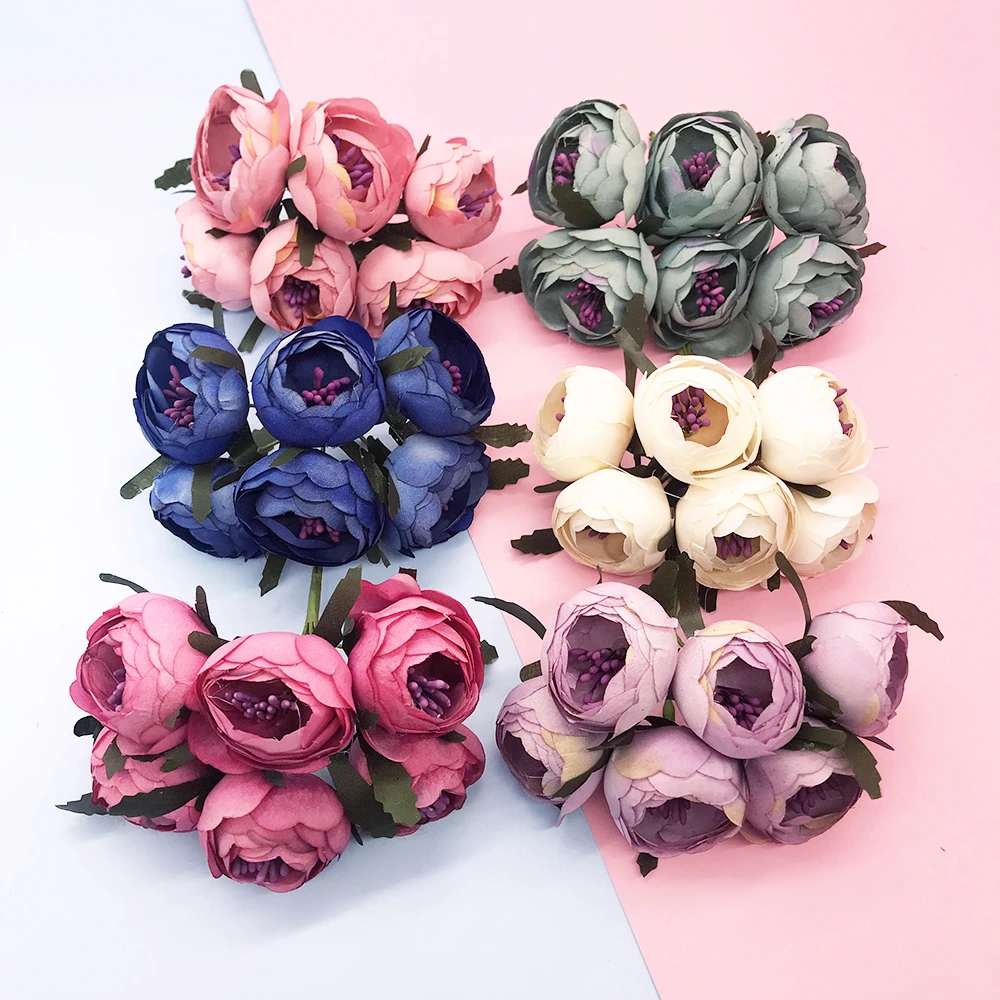 6pcs silk small tea buds roses bouquet artificial flowers for home wedding decoration accessories diy gifts christmas Garlands