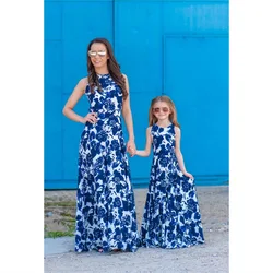 Women Long Skirt Summer Sleeveless New Blue and White Porcelain Swing Dresses for Gilrs Mommy and Daughter Matching Clothes