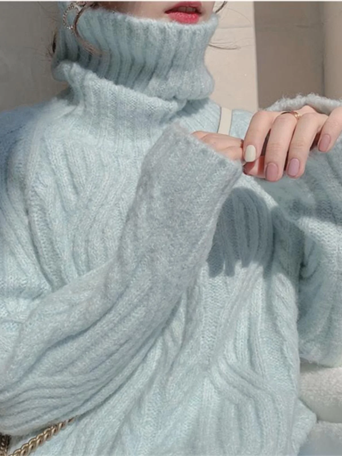 

Soft Milk Blue High Collar Loose Women's Knitted Sweater Autumn Winter Student Faion Gentle Sle Base Layer Top