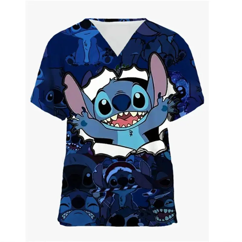 Disney Hospital Pocket Lilo & Stitch Woman T-shirts Summer T-shirt New Nurse Uniform V Neck Y2k Clothing Uniform Pocket Neck Y2k