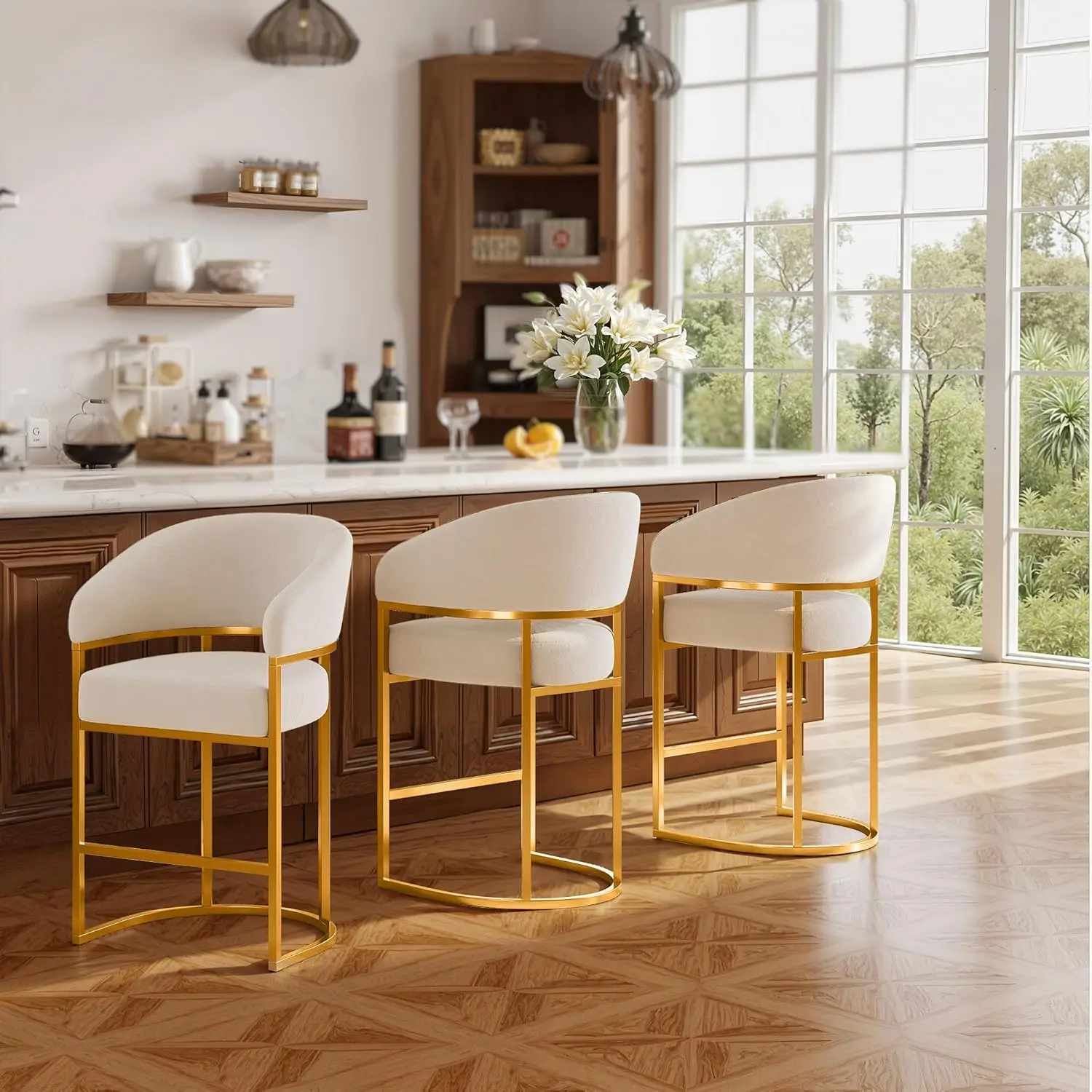 Modern Counter Height Bar Stools,Bar Stools Set Of 3,Velvet Fabric Upholstered Barrel Barstools With Backs,26", Customized